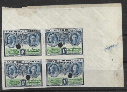 Southern Rhodesia 1940 BSA Golden Jubilee One Shilling punched plate proof block of four