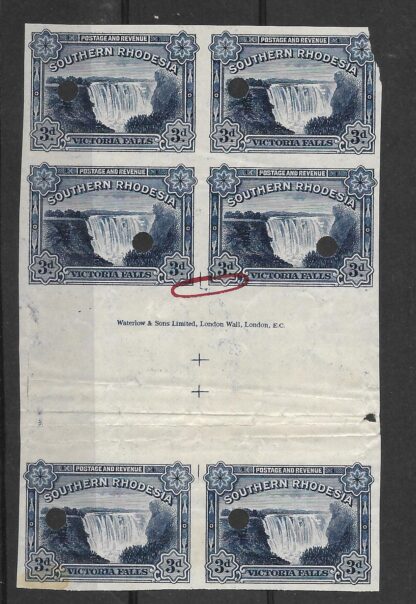 Southern Rhodesia 1935 GV Victoria Falls Waterlow Punch Proof Interplanneau with full Imprint