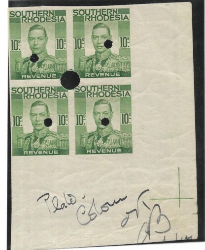 Southern Rhodesia 1937 GVI Revenue Ten Shillings Waterlow punched proof block with notes