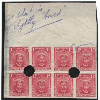Southern Rhodesia 1924 Admirals One Penny Waterlow Archive punched plate proof block with notes