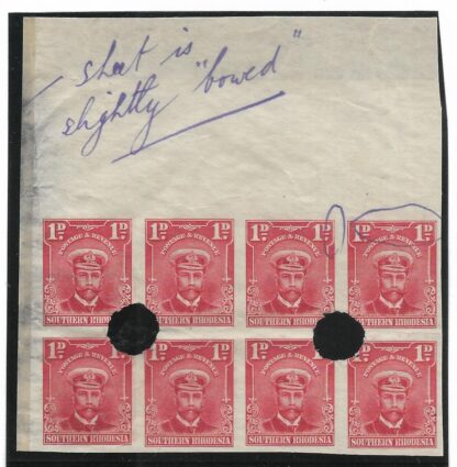 Southern Rhodesia 1924 Admirals One Penny Waterlow Archive punched plate proof block with notes