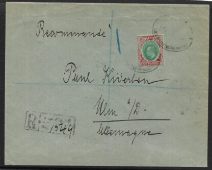Southern Nigeria 1913 EVII cover from Laos to Germany tied with EVII 10/-  stamp