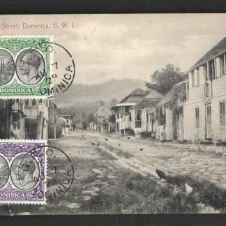 Dominica 1929 GV postcard Malbouro Street tied with 1/2d and 1d stamps