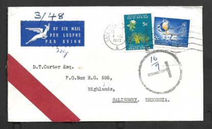 South Africa 1972 Cover to Rhodesia taxed and 9c of Postage Dues added