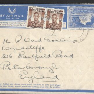 Southern Rhodesia 1944 3d Victoria Falls letter Card to England