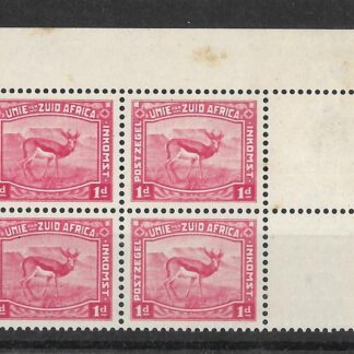 South Africa 1923 Harrison One Penny Springbok essay in carmine block without gum