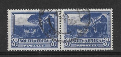 South Africa 1947 Thee Pence Groot Schuur pair with flaw Flying Saucer used