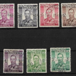 Southern Rhodesia 1937 GVI Revenues Three Shillings to Twenty Pounds used