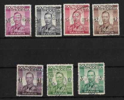 Southern Rhodesia 1937 GVI Revenues Three Shillings to Twenty Pounds used