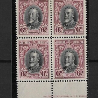 Southern Rhodesia 1936 Field Marshall Six Pence block with partial Imprint SG 20b mint