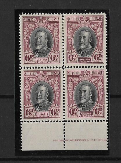 Southern Rhodesia 1936 Field Marshall Six Pence block with partial Imprint SG 20b mint