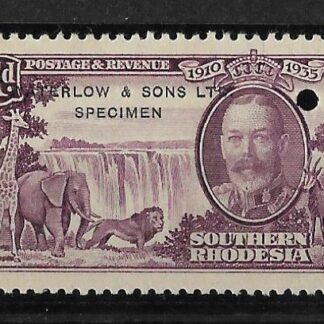 Southern Rhodesia 1935 GV Silver Jubilee One Penny in unissued colour overprinted ‘WATERLOW & SONS LTD SPECIMEN mint