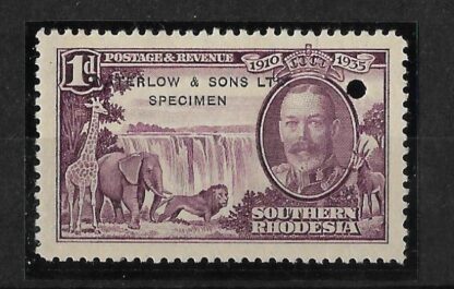 Southern Rhodesia 1935 GV Silver Jubilee One Penny in unissued colour overprinted ‘WATERLOW & SONS LTD SPECIMEN mint
