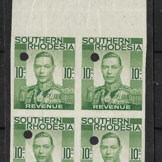 Southern Rhodesia 1937 GVI Admiral Revenues Ten Shillings printers proofs block