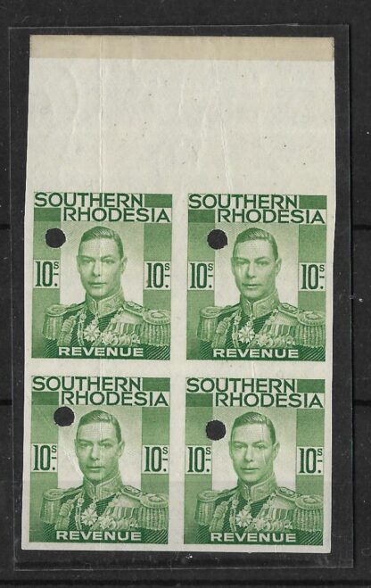 Southern Rhodesia 1937 GVI Admiral Revenues Ten Shillings printers proofs block