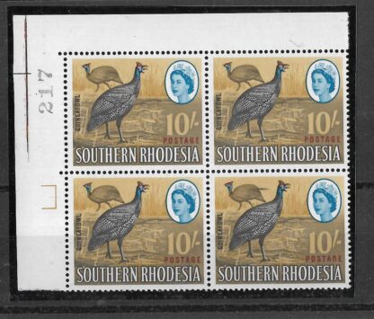 Southern Rhodesia 1964 Ten Shillings Guinea Fowl block with sheet no and Tail flaw mint