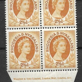 Rhodesia/Nyasaland 1954 QEII Two and a HalfPence Imprint block SG 3a mint
