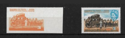 Rhodesia 1966 Rhopex Three Pence in orange printers proof single with normal for comparison