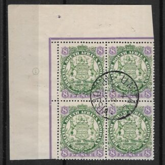 Rhodesia 1896 Large Arms Eight Pence corner block Plate 1 CTO used