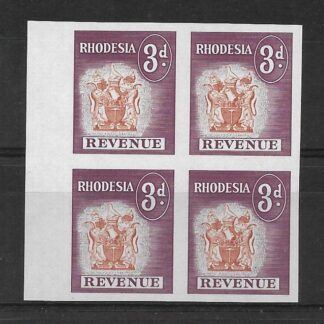Rhodesia 1966 Revenue Three Pence Imperf block mint