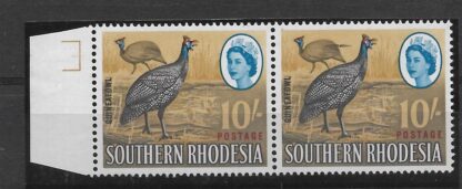 Southern Rhodesia 1964 QEII Ten Shillings marginal pair with extra tail feather mint