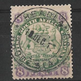 Rhodesia 1896 Eight Pence with HEADLANDS with blank after first day (DC) postmark
