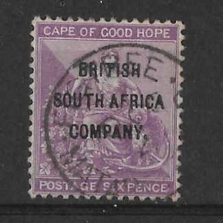Rhodesia 1896 Six Pence Cape overprint with a FIGTREE (SC) postmark