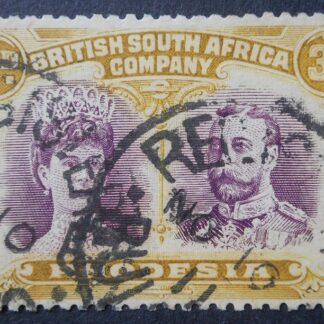 Rhodesia Double Head Three Pence with REGISTERED BULAWAYO Month Day (DC) postmark