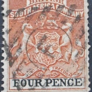 Rhodesia 1892 Four Pence with Barred Diamond F (Victoria) postmark