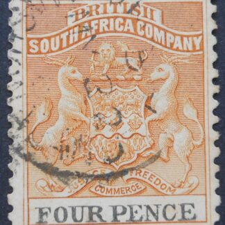 Rhodesia 1895 Four Pence with UMTALI Code 5 and 32 for day (SC) postmark