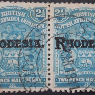 Rhodesia 1909 Two and a Halfpence pair with SHAMVA (DC) postmark