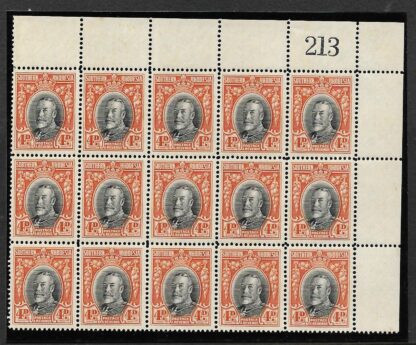 South Rhodesia 1937 Field Marshall Four Pence perf 14 block with sheet number unmounted mint