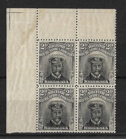 Rhodesia 1913 Admiral Die IIIB Two Pence marginal block SG 257 unmounted mint