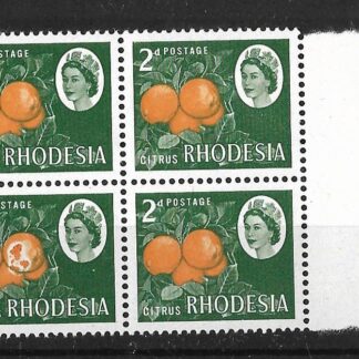 Rhodesia 1966 Mardon printing Two Pence block 4 with diseased orange flaw mint