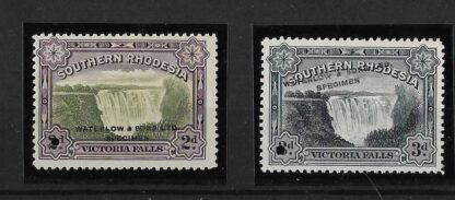 South Rhodesia Large Falls Two and Three Pence both values in un-issued colours overprinted SPECIMEN