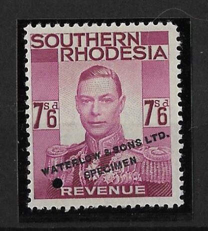 South Rhodesia 1937 George VI Seven Shillings and Six Pence Revenue in un-issued colour magenta overprinted SPECIMEN