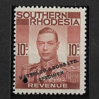 South Rhodesia 1937 George VI Ten Shillings Revenue in un-issued colour red-brown overprinted SPECIMEN