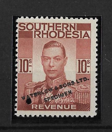 South Rhodesia 1937 George VI Ten Shillings Revenue in un-issued colour red-brown overprinted SPECIMEN