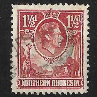 Northern Rhodesia 1938 GVI One and a Halfpence Carmine red with Tick Bird Flaw SG 29b used