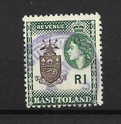 Basutoland Revenue 1961 R1 Deep brown and Deep dull green wmk multiple Crown CA used