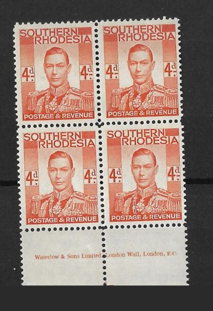 Southern Rhodesia 1937 GVI Four Pence Imprint block SG 43 unmounted mint