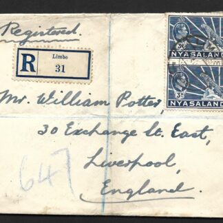 Nyasaland 1946 registered cover to UK from Limbe