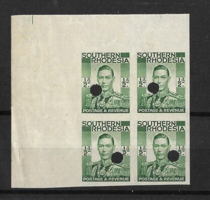 Southern Rhodesia 1937 GVI Halfpenny Imperforate  plate proof block with punch holes