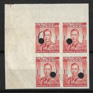 Southern Rhodesia 1937 GVI One Penny Imperforate plate proof block with punch holes