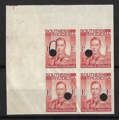 Southern Rhodesia 1937 GVI One Penny Imperforate plate proof block with punch holes