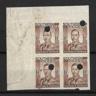 Southern Rhodesia 1937 GVI One and a Halfpence Imperforate plate proof block with punch holes