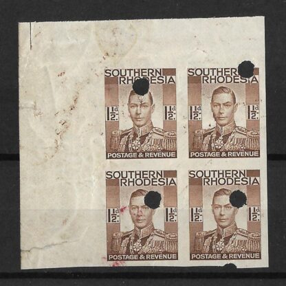 Southern Rhodesia 1937 GVI One and a Halfpence Imperforate plate proof block with punch holes