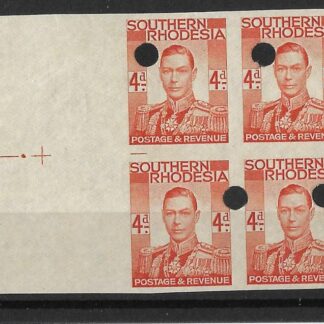 Southern Rhodesia 1937 GVI Four Pence Imperforate plate proof block with punch holes