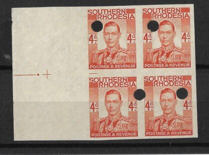 Southern Rhodesia 1937 GVI Four Pence Imperforate plate proof block with punch holes