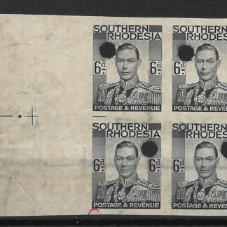 Southern Rhodesia 1937 GVI Six Pence Imperforate plate proof block with punch holes